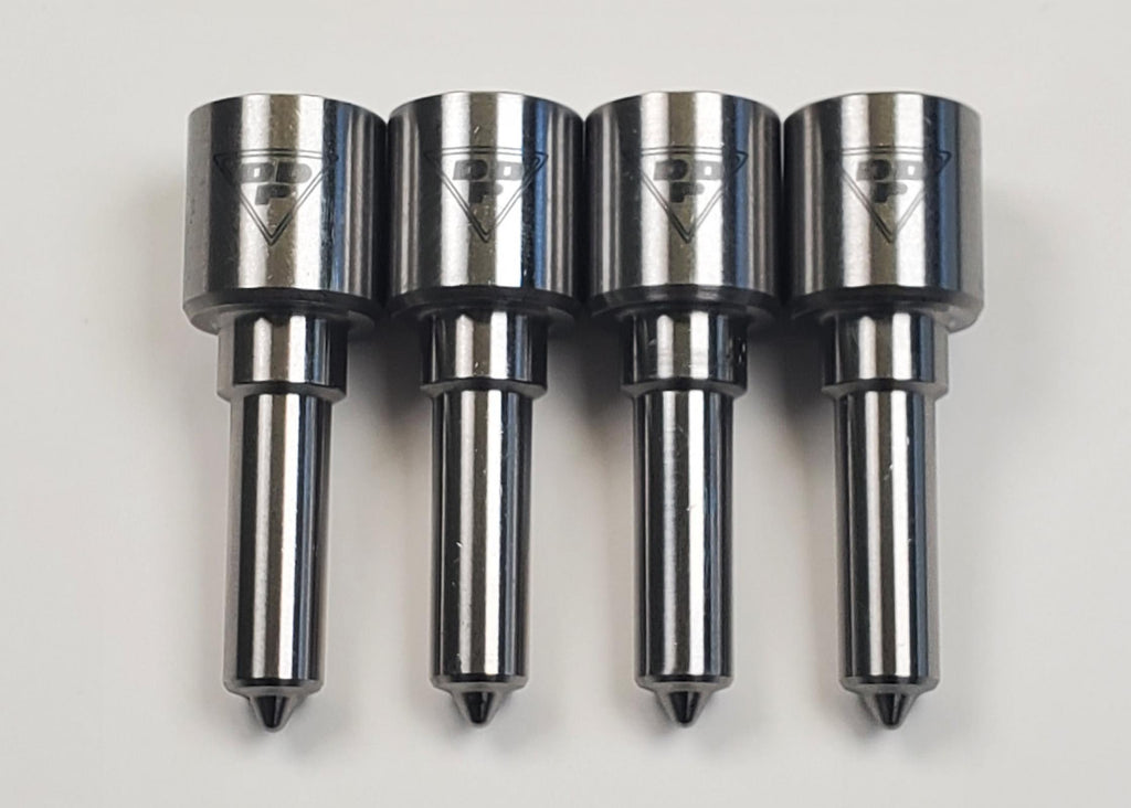 Five identical Cummins VE Pump 4BT Stage 2 Nozzle Set live centers aligned horizontally on a light grey background. Each has a shiny metal body and pointed tip designed for precision in metalworking.
