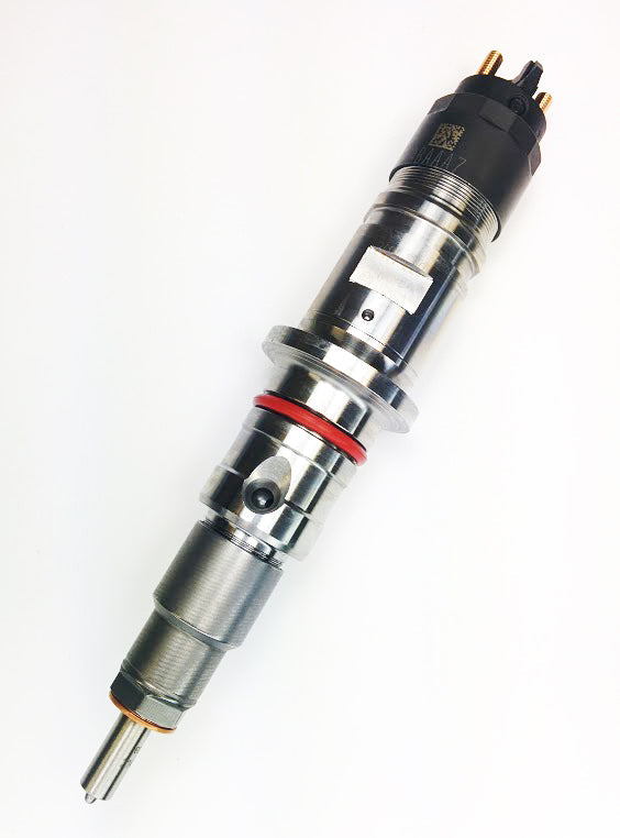 An RAM 2022+ 6.7L SO Brand New Stock Injector Single Dynomite Diesel with a metallic body, featuring multiple connection points and seals, isolated on a plain white background.